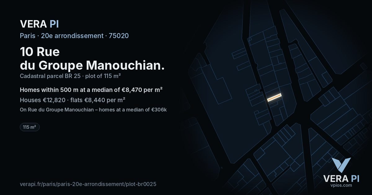 10 Rue du Groupe Manouchian, 20e arrondissement at night – the plot lit, the parcels around coloured by the prices near them
