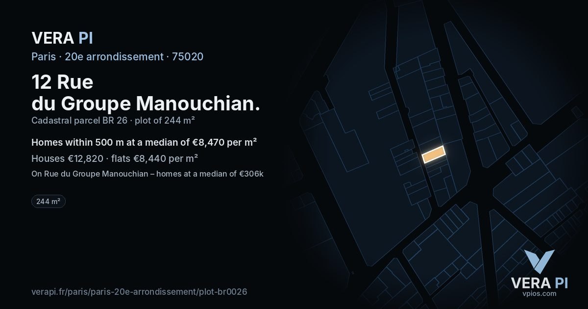 12 Rue du Groupe Manouchian, 20e arrondissement at night – the plot lit, the parcels around coloured by the prices near them