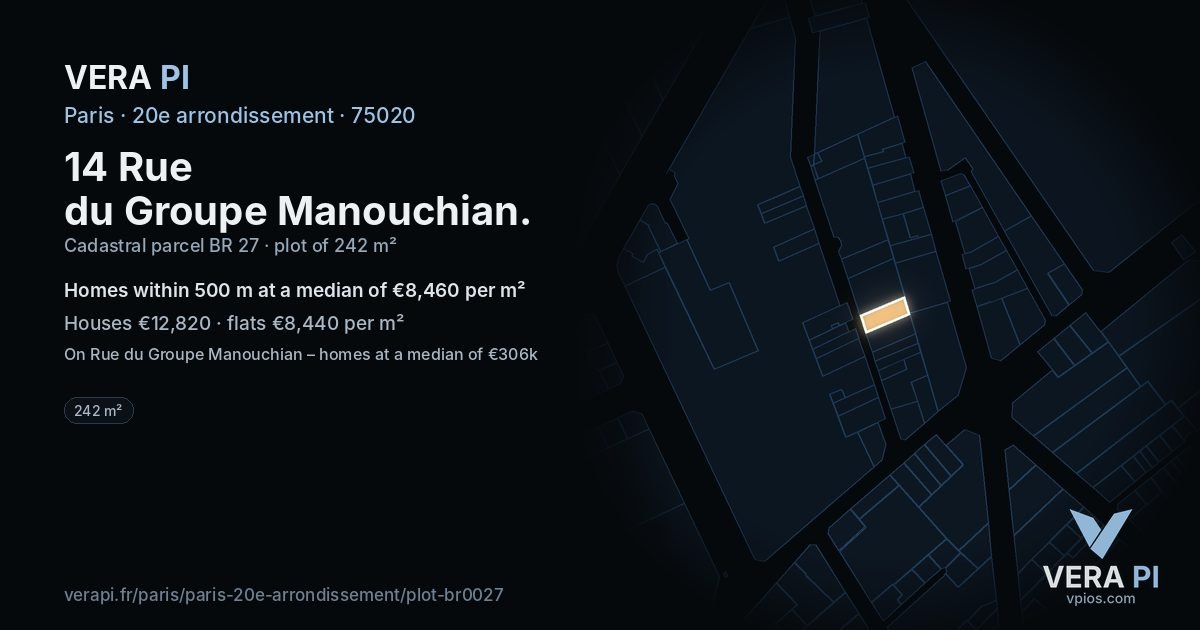 14 Rue du Groupe Manouchian, 20e arrondissement at night – the plot lit, the parcels around coloured by the prices near them