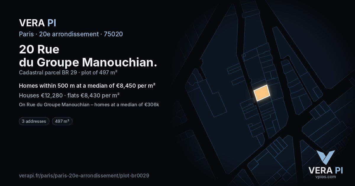 20 Rue du Groupe Manouchian, 20e arrondissement at night – the plot lit, the parcels around coloured by the prices near them
