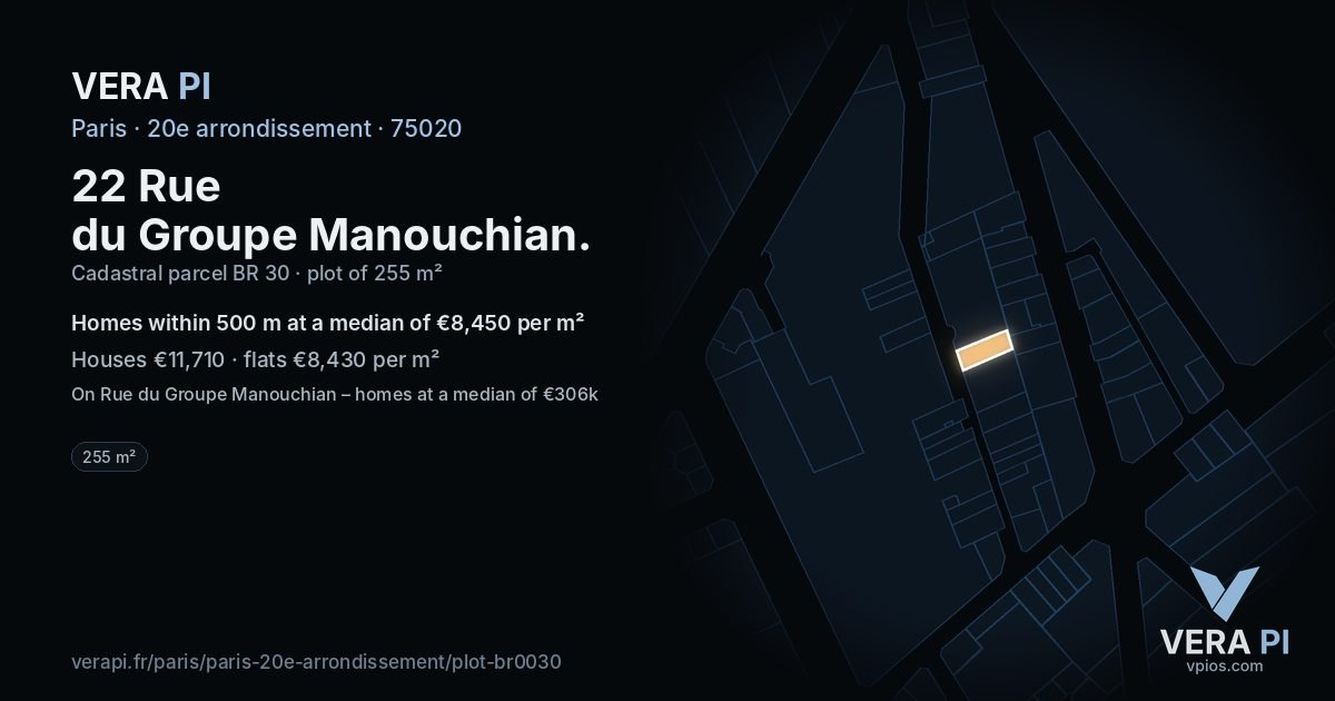 22 Rue du Groupe Manouchian, 20e arrondissement at night – the plot lit, the parcels around coloured by the prices near them
