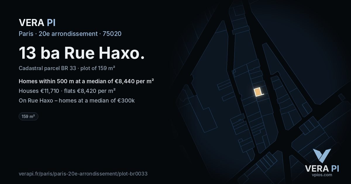 13 ba Rue Haxo, 20e arrondissement at night – the plot lit, the parcels around coloured by the prices near them