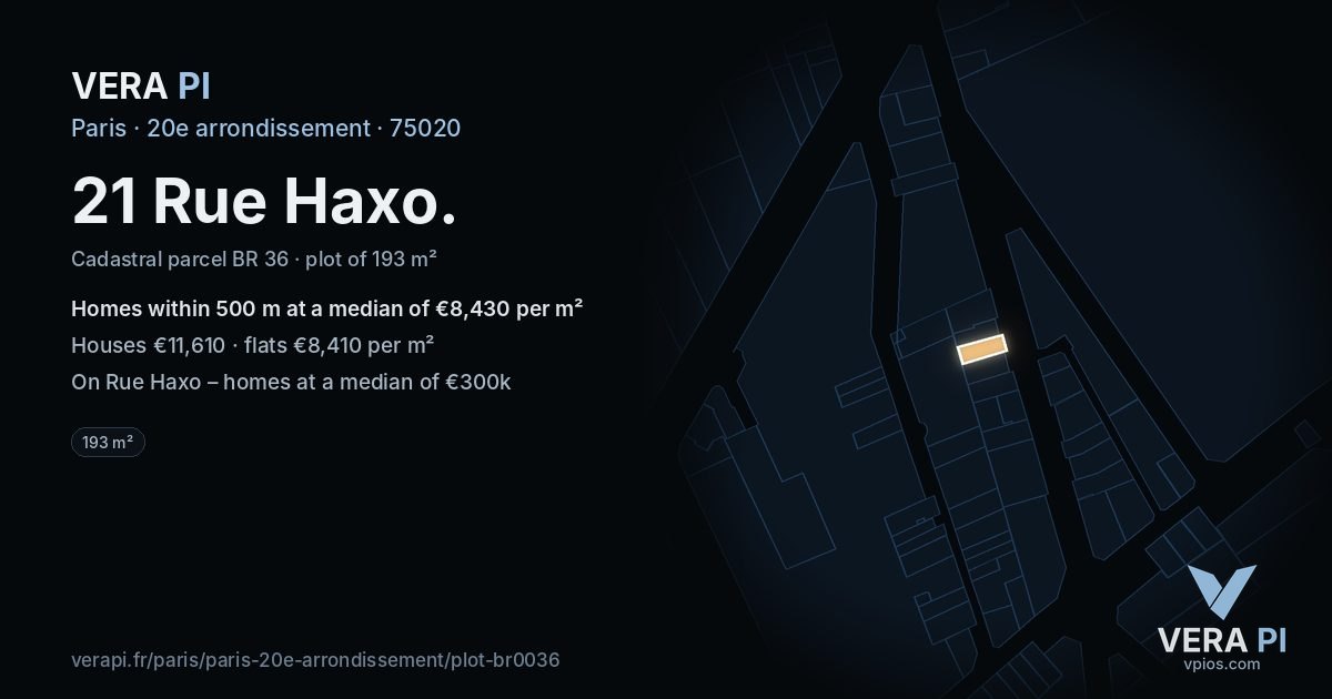 21 Rue Haxo, 20e arrondissement at night – the plot lit, the parcels around coloured by the prices near them