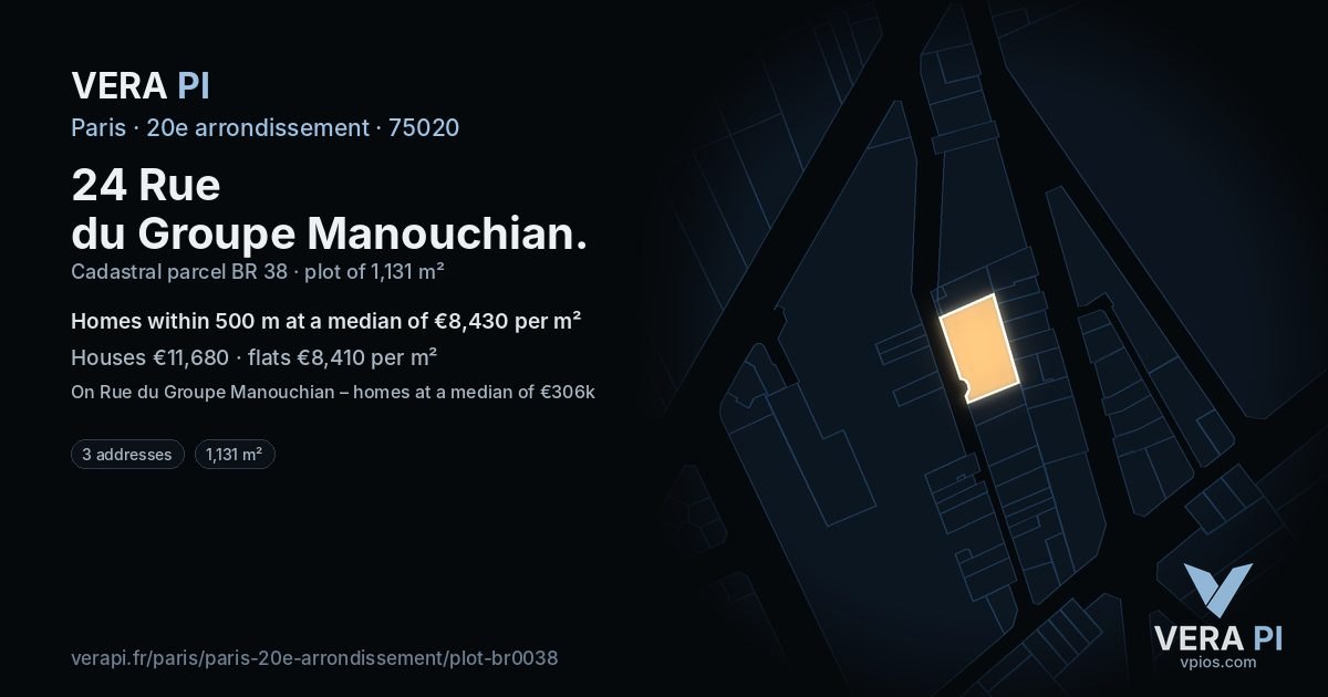 24 Rue du Groupe Manouchian, 20e arrondissement at night – the plot lit, the parcels around coloured by the prices near them