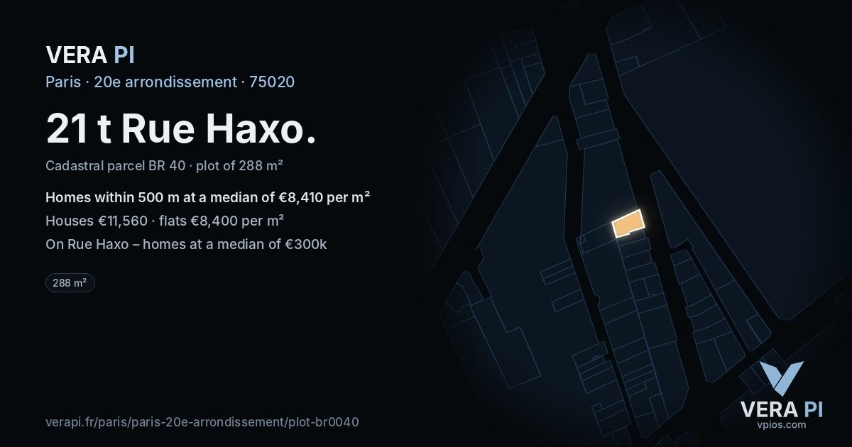 21 t Rue Haxo, 20e arrondissement at night – the plot lit, the parcels around coloured by the prices near them