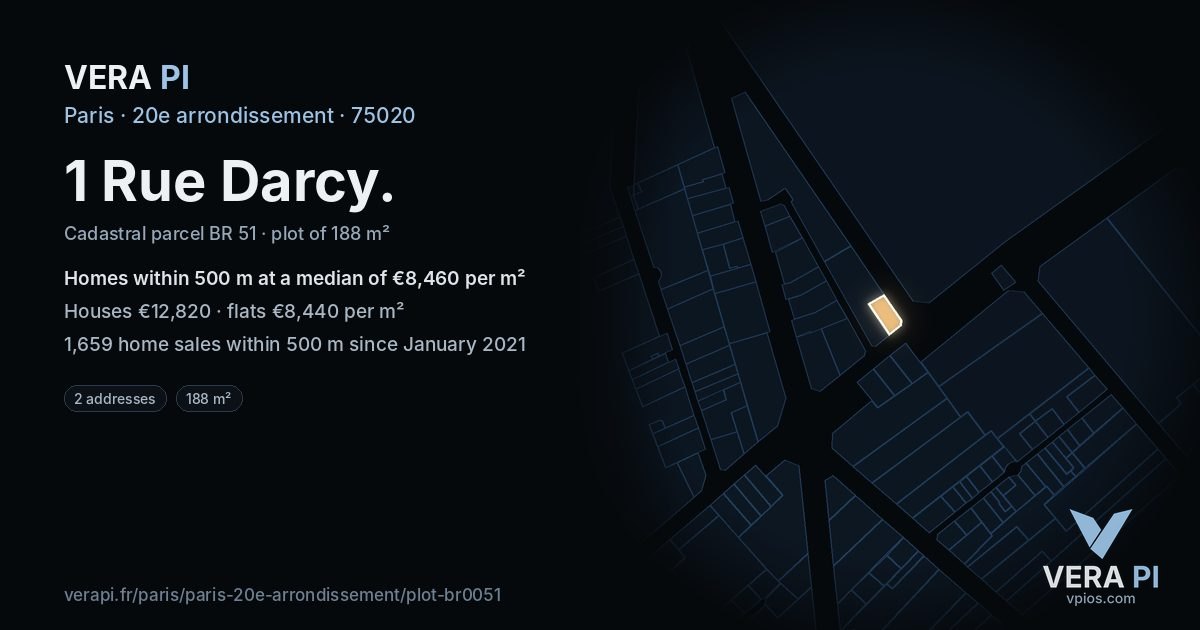 1 Rue Darcy, 20e arrondissement at night – the plot lit, the parcels around coloured by the prices near them