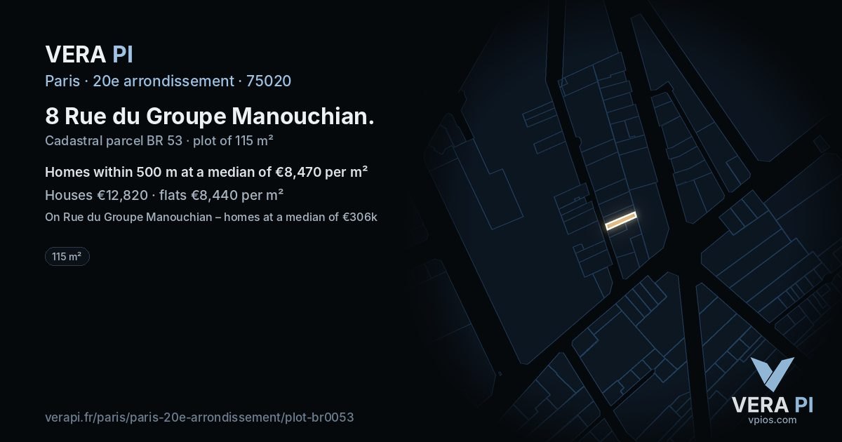 8 Rue du Groupe Manouchian, 20e arrondissement at night – the plot lit, the parcels around coloured by the prices near them