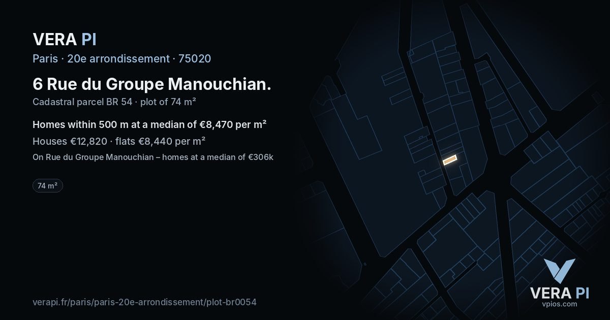 6 Rue du Groupe Manouchian, 20e arrondissement at night – the plot lit, the parcels around coloured by the prices near them