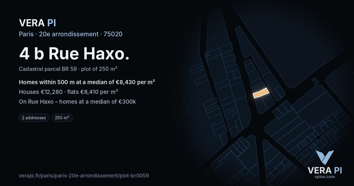 4 b Rue Haxo, 20e arrondissement at night – the plot lit, the parcels around coloured by the prices near them