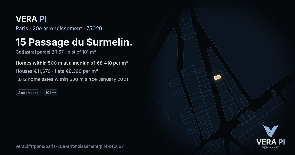 15 Passage du Surmelin, 20e arrondissement at night – the plot lit, the parcels around coloured by the prices near them