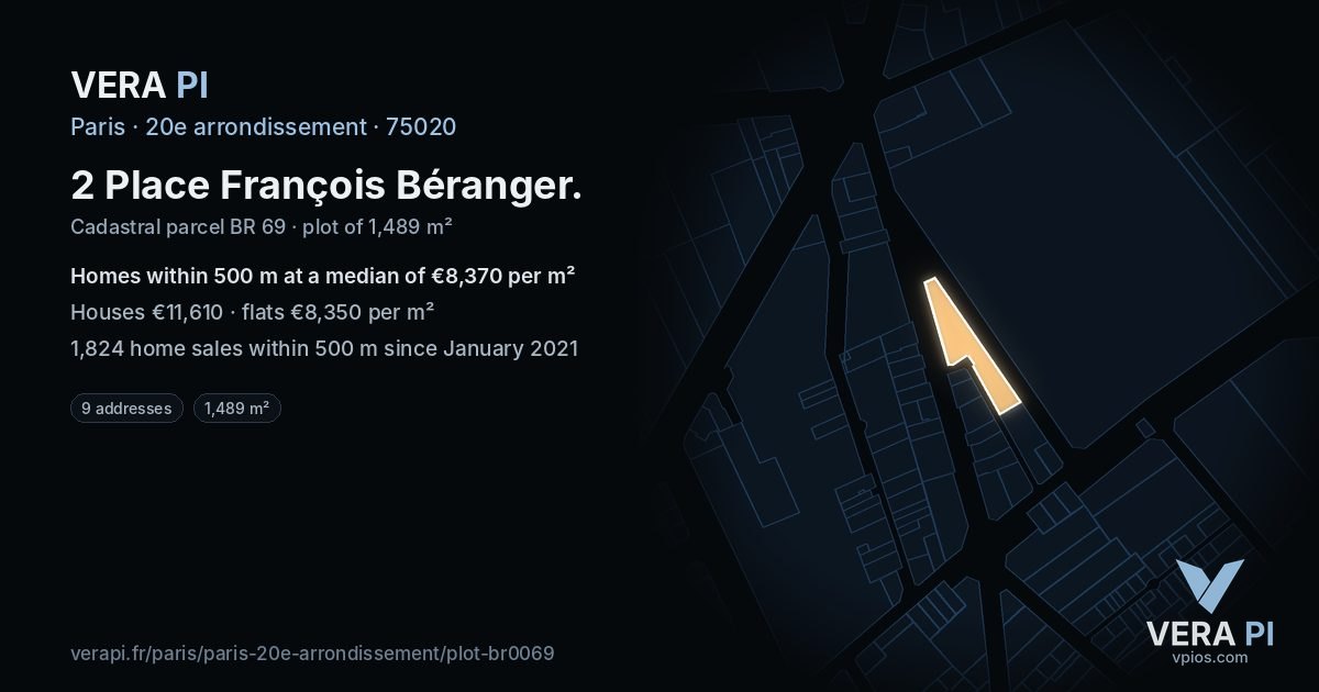 2 Place François Béranger, 20e arrondissement at night – the plot lit, the parcels around coloured by the prices near them