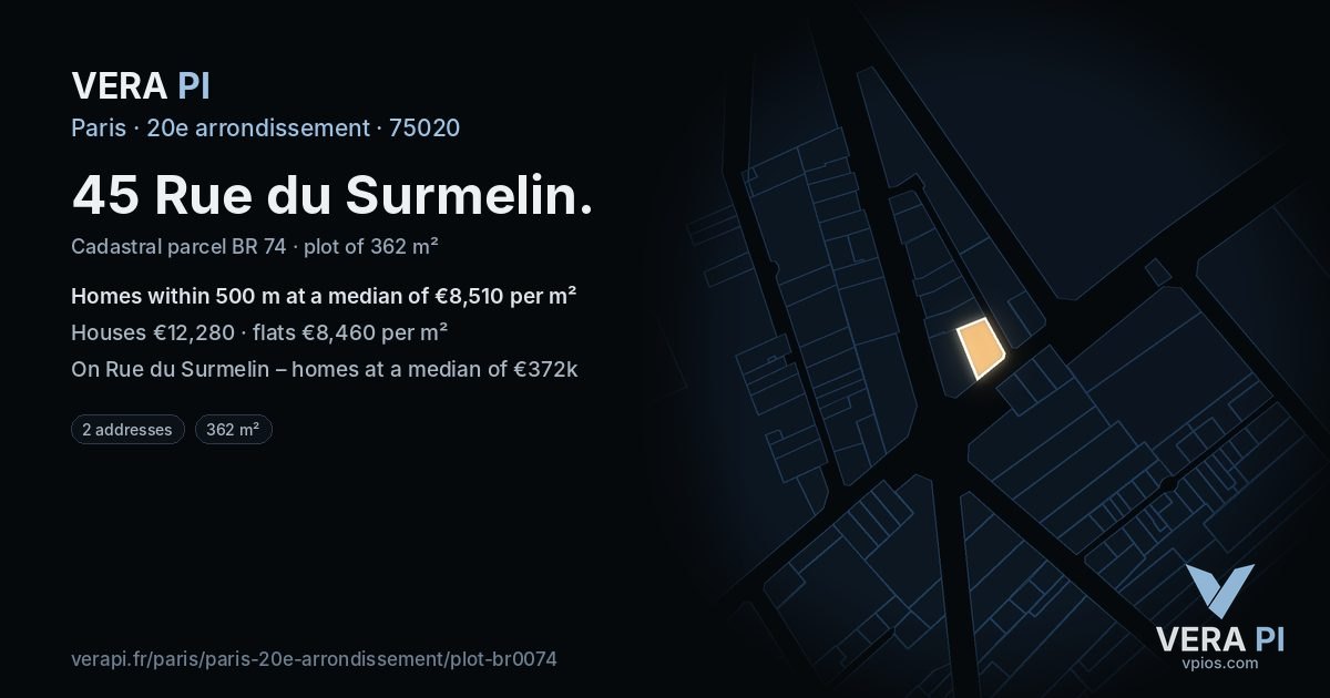 45 Rue du Surmelin, 20e arrondissement at night – the plot lit, the parcels around coloured by the prices near them
