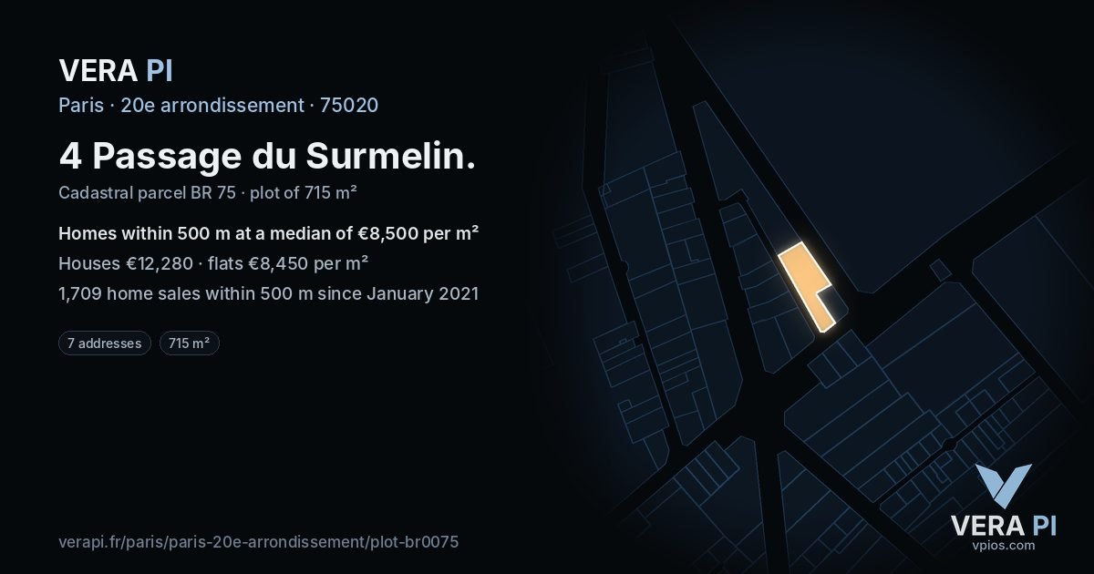 4 Passage du Surmelin, 20e arrondissement at night – the plot lit, the parcels around coloured by the prices near them