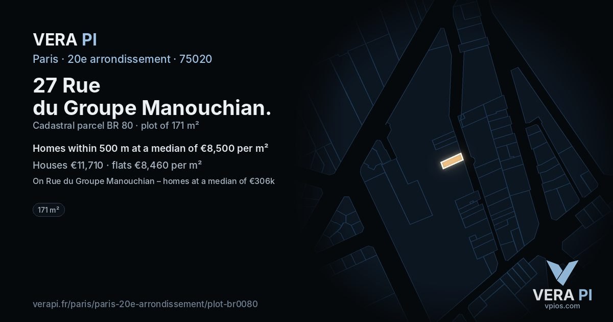 27 Rue du Groupe Manouchian, 20e arrondissement at night – the plot lit, the parcels around coloured by the prices near them
