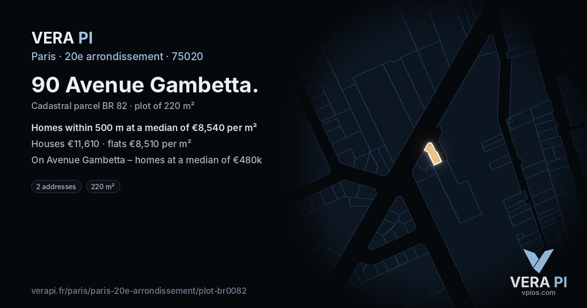 90 Avenue Gambetta, 20e arrondissement at night – the plot lit, the parcels around coloured by the prices near them