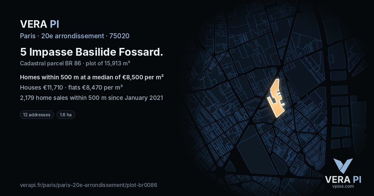 5 Impasse Basilide Fossard, 20e arrondissement at night – the plot lit, the parcels around coloured by the prices near them