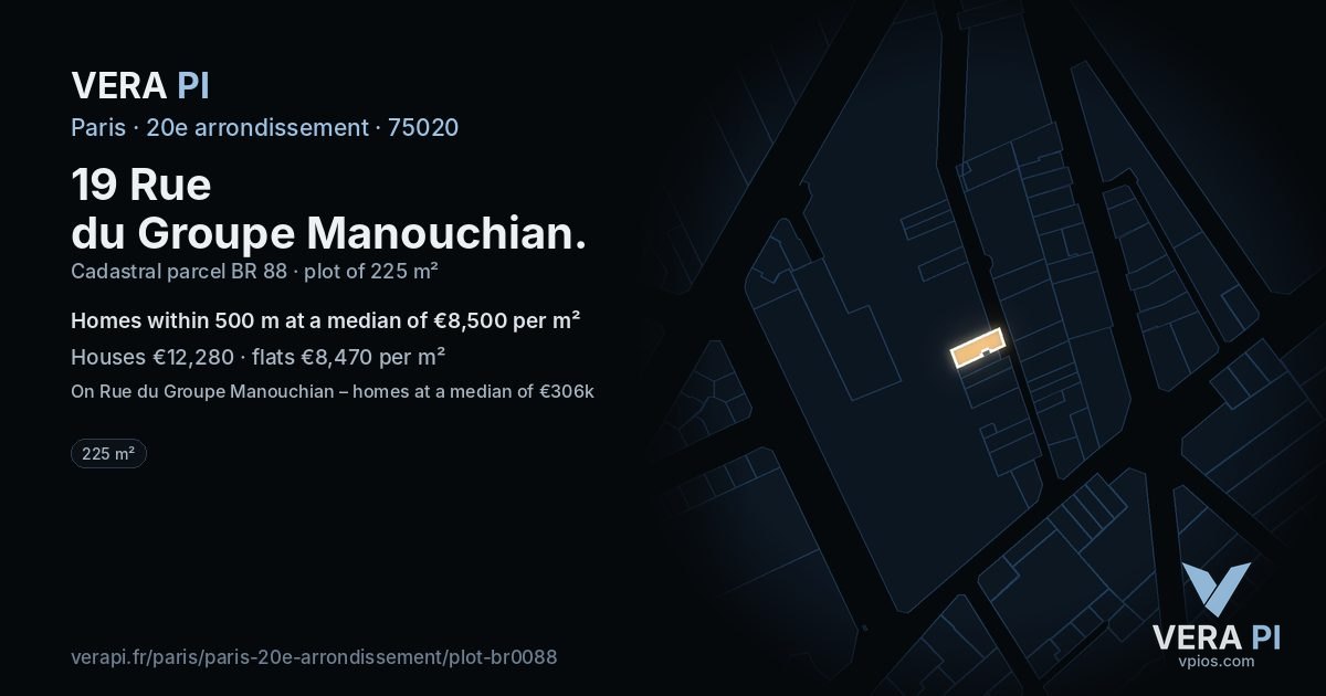 19 Rue du Groupe Manouchian, 20e arrondissement at night – the plot lit, the parcels around coloured by the prices near them