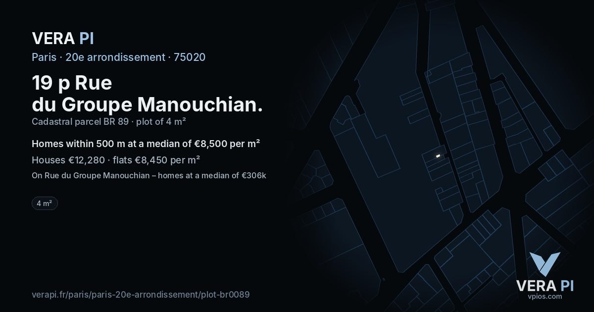 19 p Rue du Groupe Manouchian, 20e arrondissement at night – the plot lit, the parcels around coloured by the prices near them