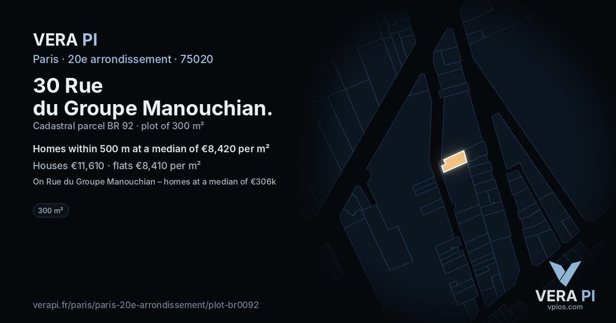30 Rue du Groupe Manouchian, 20e arrondissement at night – the plot lit, the parcels around coloured by the prices near them