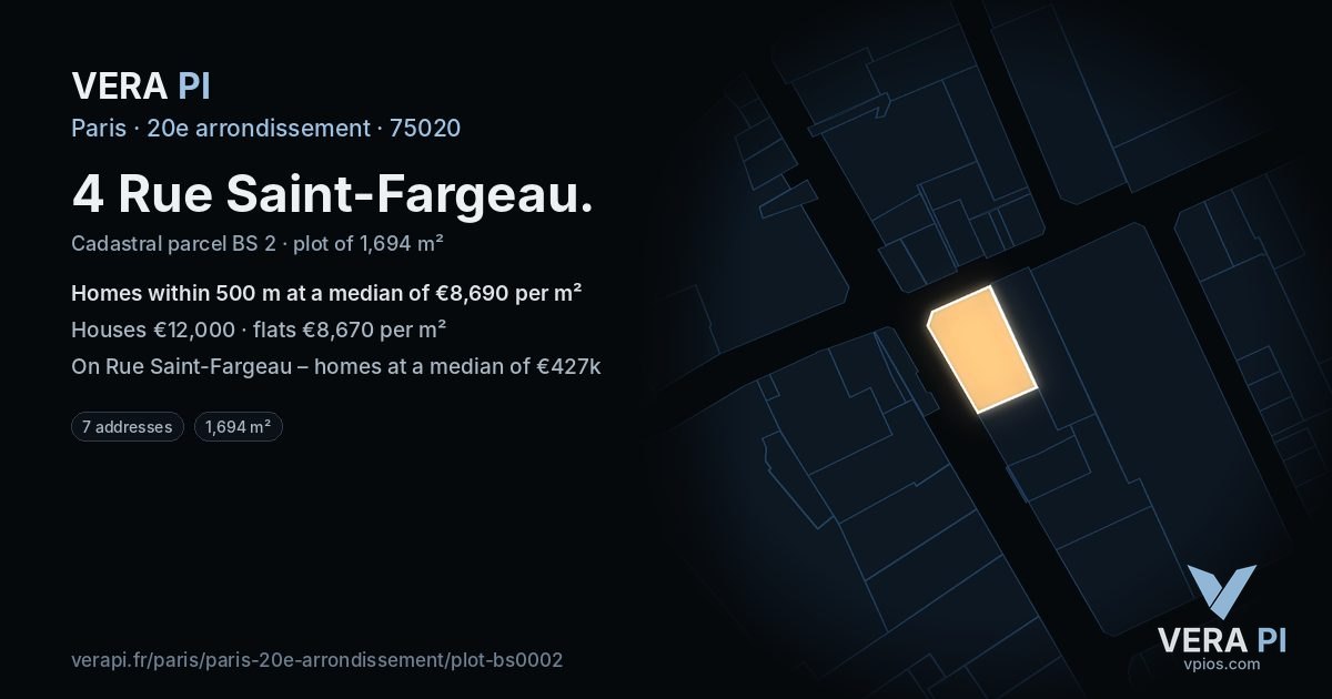 4 Rue Saint-Fargeau, 20e arrondissement at night – the plot lit, the parcels around coloured by the prices near them