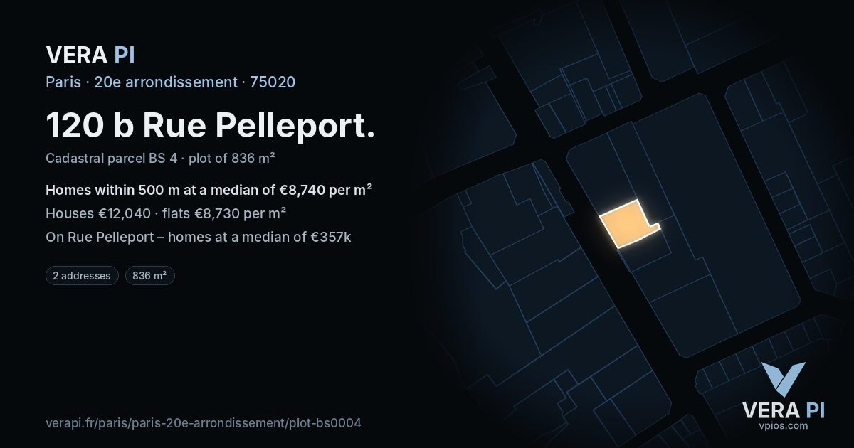 120 b Rue Pelleport, 20e arrondissement at night – the plot lit, the parcels around coloured by the prices near them