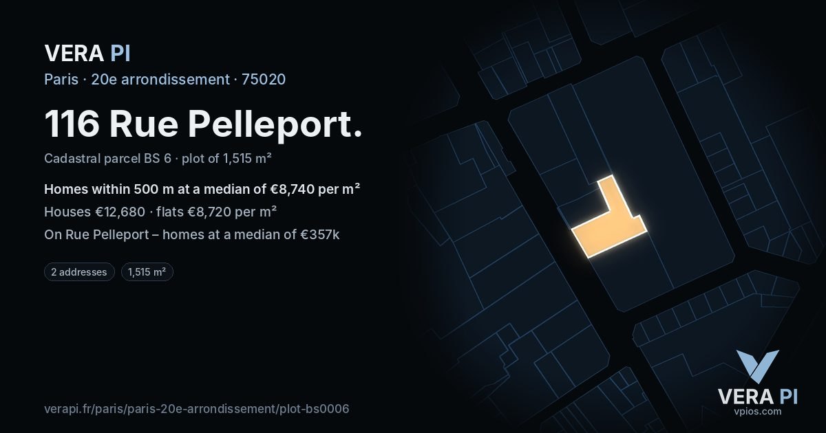 116 Rue Pelleport, 20e arrondissement at night – the plot lit, the parcels around coloured by the prices near them