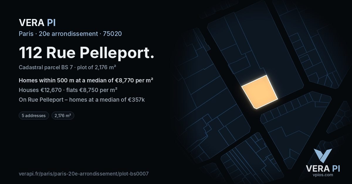 112 Rue Pelleport, 20e arrondissement at night – the plot lit, the parcels around coloured by the prices near them