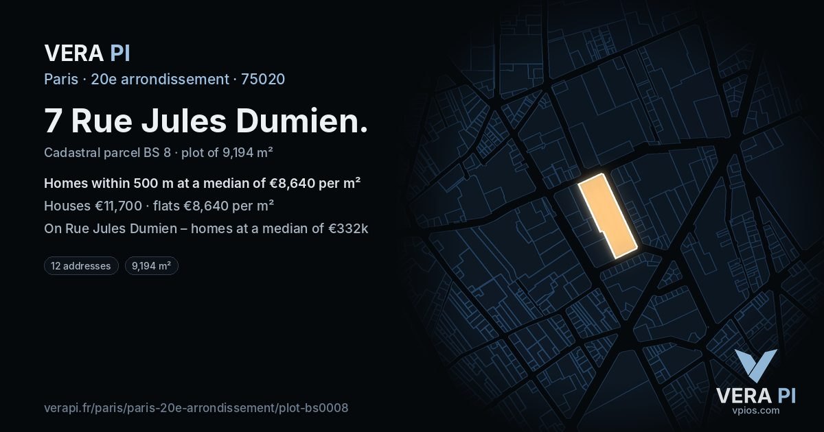 7 Rue Jules Dumien, 20e arrondissement at night – the plot lit, the parcels around coloured by the prices near them