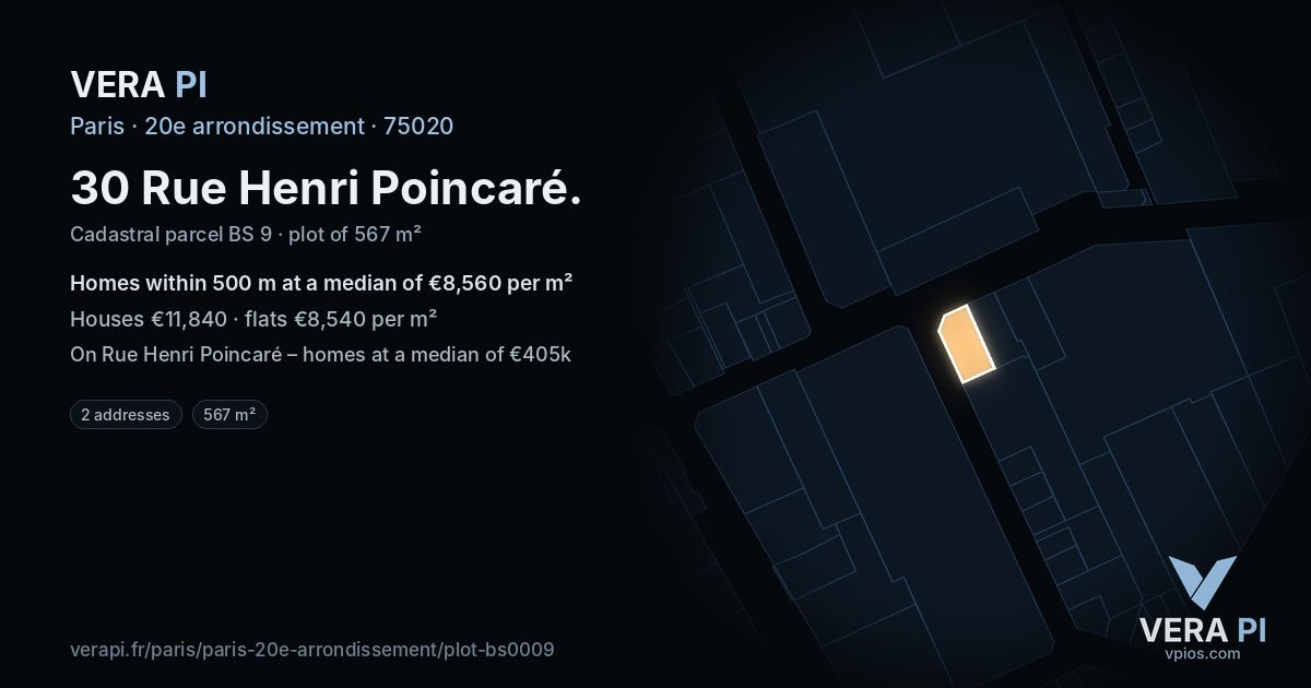 30 Rue Henri Poincaré, 20e arrondissement at night – the plot lit, the parcels around coloured by the prices near them