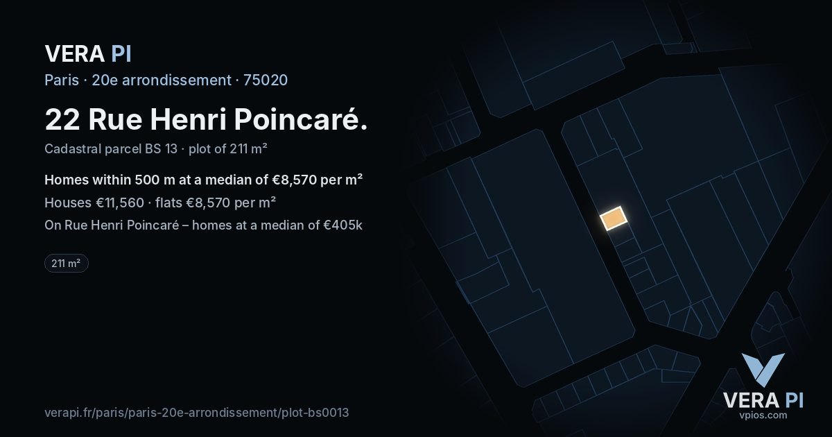 22 Rue Henri Poincaré, 20e arrondissement at night – the plot lit, the parcels around coloured by the prices near them