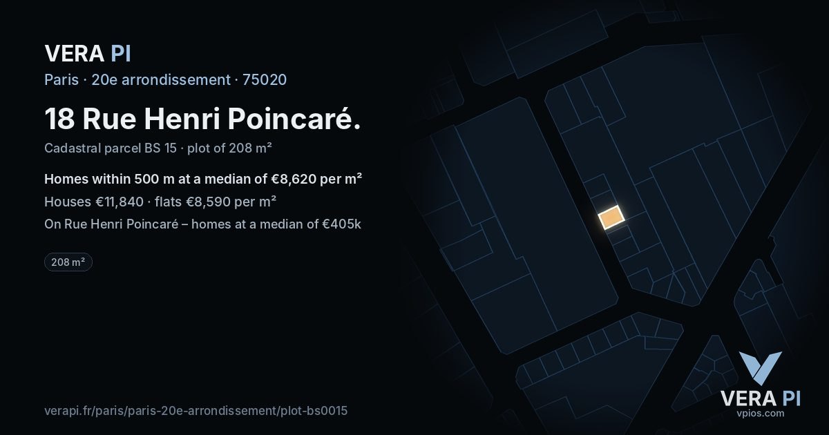 18 Rue Henri Poincaré, 20e arrondissement at night – the plot lit, the parcels around coloured by the prices near them