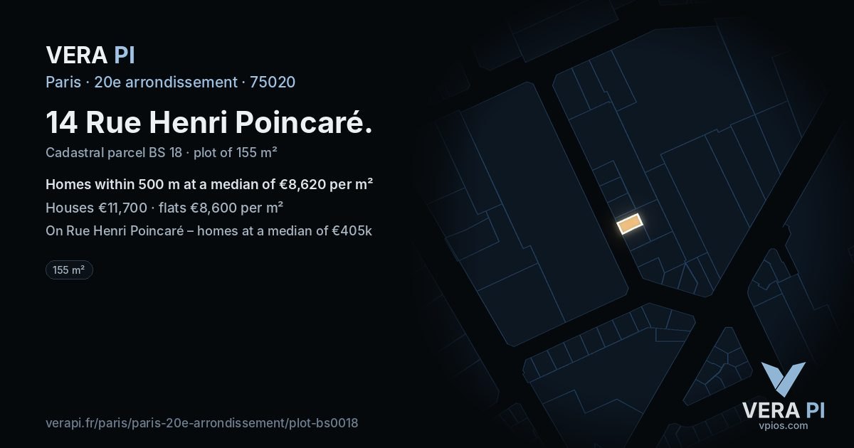 14 Rue Henri Poincaré, 20e arrondissement at night – the plot lit, the parcels around coloured by the prices near them