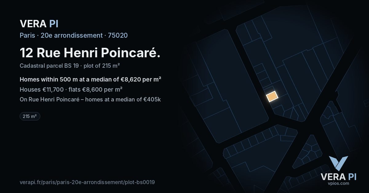 12 Rue Henri Poincaré, 20e arrondissement at night – the plot lit, the parcels around coloured by the prices near them
