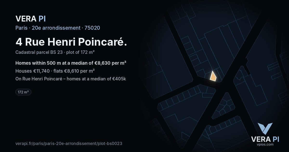 4 Rue Henri Poincaré, 20e arrondissement at night – the plot lit, the parcels around coloured by the prices near them