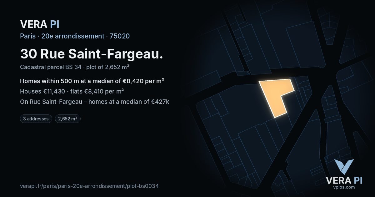 30 Rue Saint-Fargeau, 20e arrondissement at night – the plot lit, the parcels around coloured by the prices near them