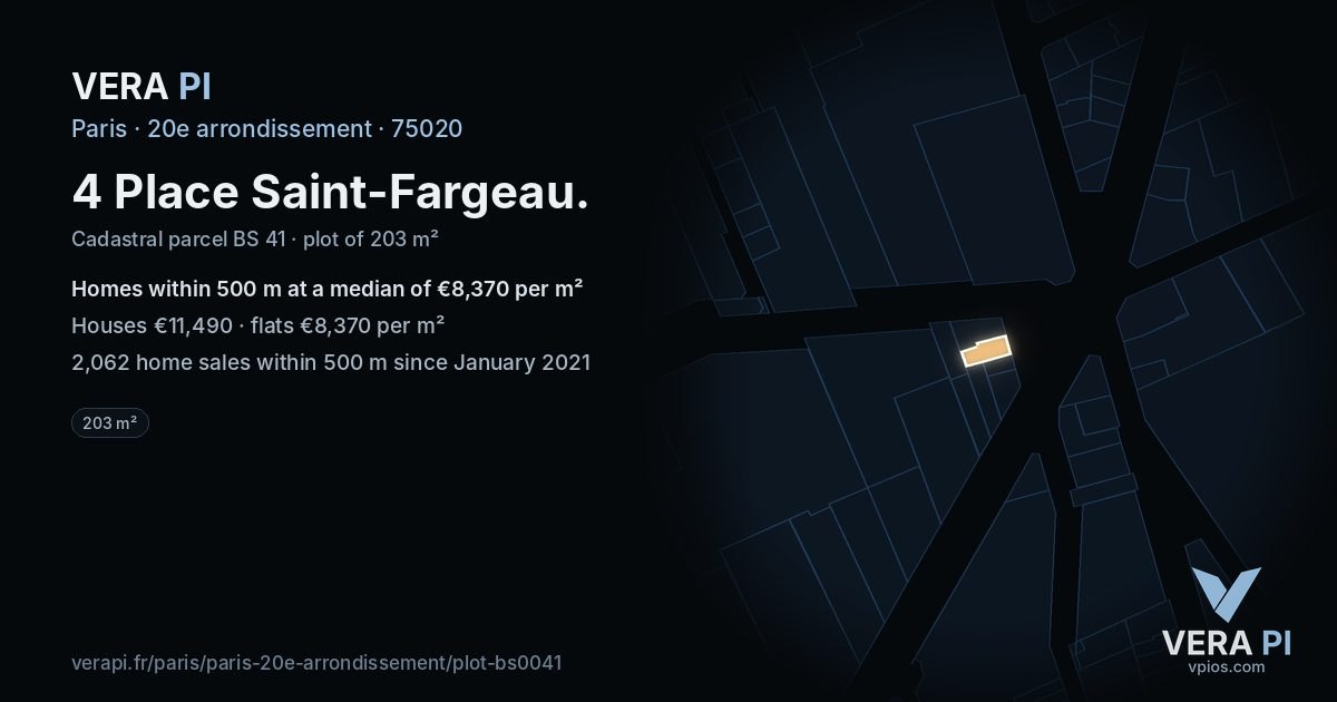 4 Place Saint-Fargeau, 20e arrondissement at night – the plot lit, the parcels around coloured by the prices near them