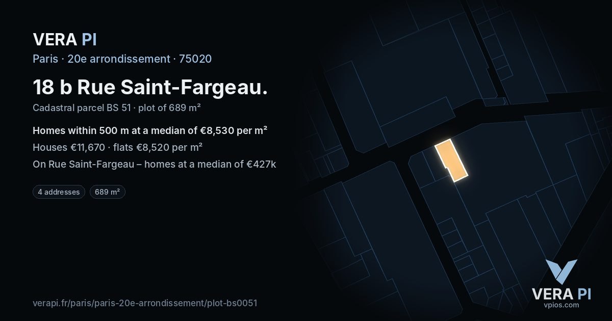 18 b Rue Saint-Fargeau, 20e arrondissement at night – the plot lit, the parcels around coloured by the prices near them
