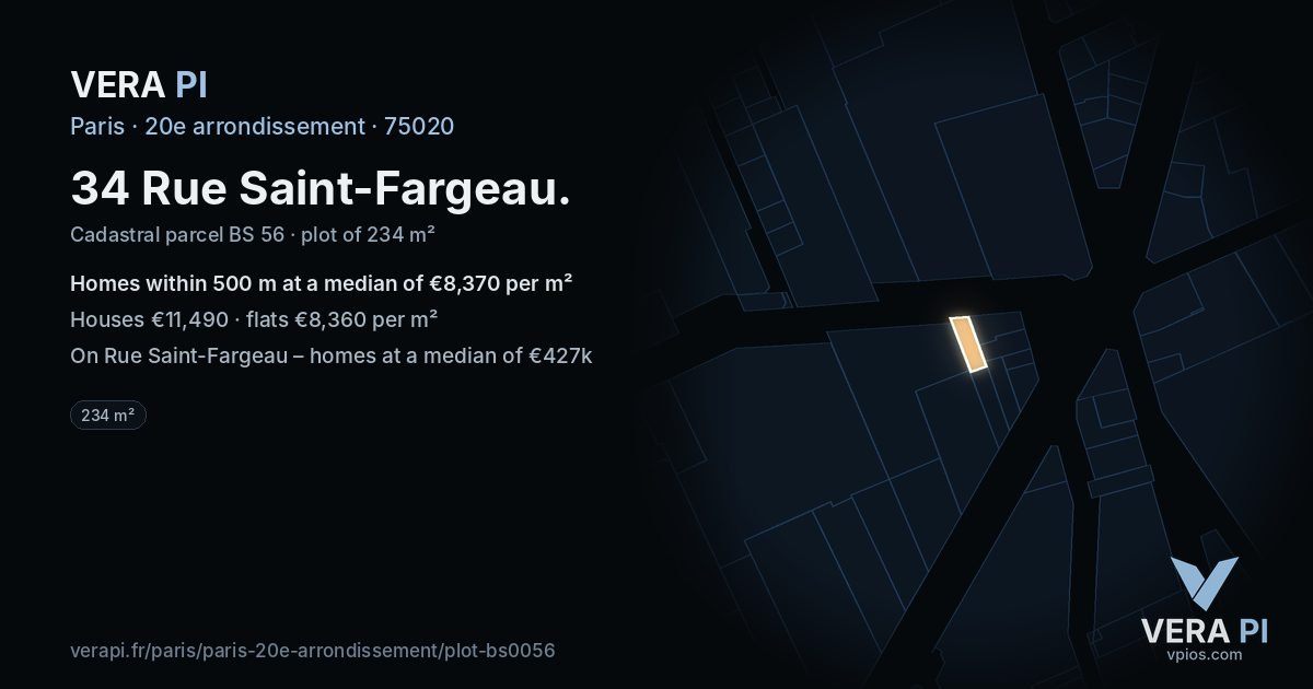 34 Rue Saint-Fargeau, 20e arrondissement at night – the plot lit, the parcels around coloured by the prices near them
