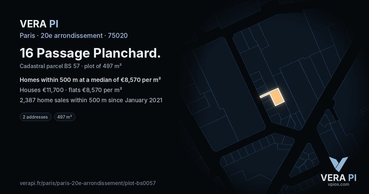 16 Passage Planchard, 20e arrondissement at night – the plot lit, the parcels around coloured by the prices near them