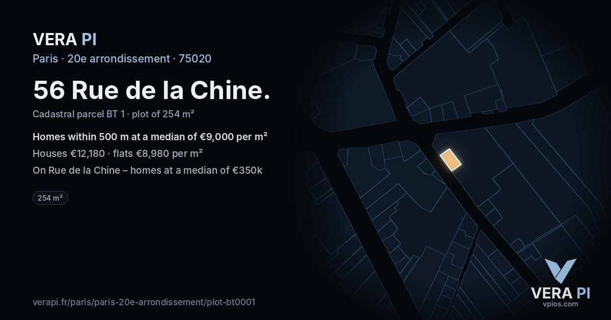 56 Rue de la Chine, 20e arrondissement at night – the plot lit, the parcels around coloured by the prices near them