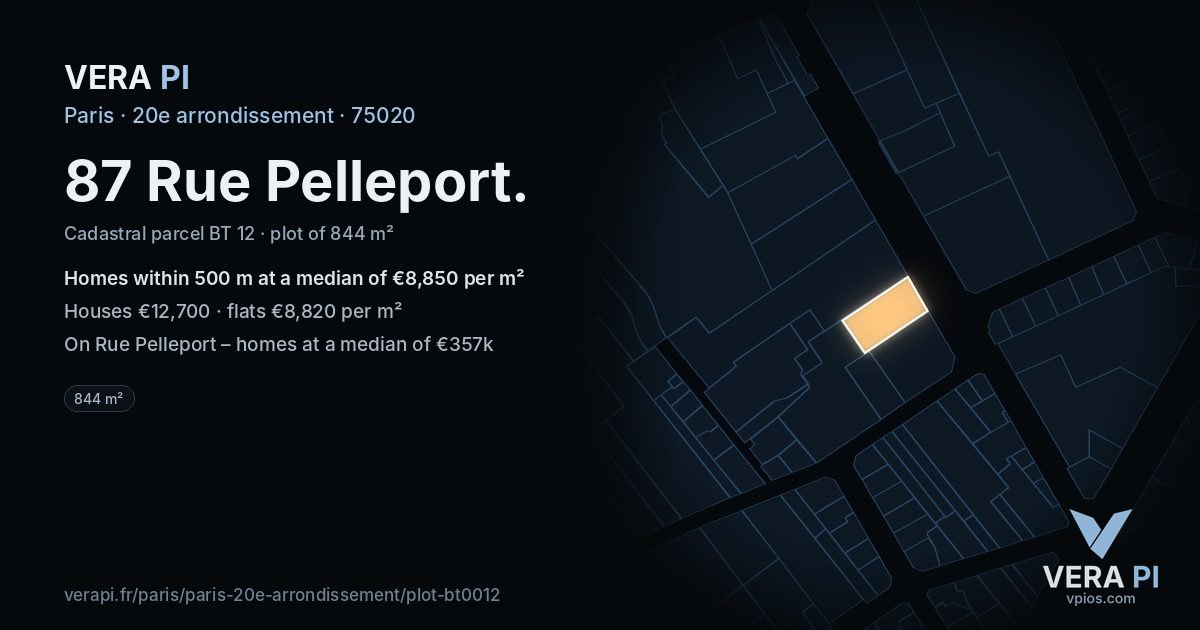 87 Rue Pelleport, 20e arrondissement at night – the plot lit, the parcels around coloured by the prices near them