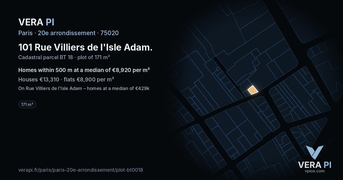 101 Rue Villiers de l'Isle Adam, 20e arrondissement at night – the plot lit, the parcels around coloured by the prices near them
