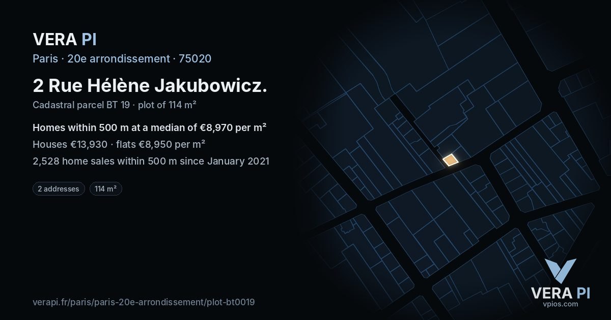 2 Rue Hélène Jakubowicz, 20e arrondissement at night – the plot lit, the parcels around coloured by the prices near them
