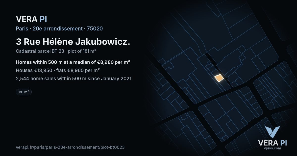 3 Rue Hélène Jakubowicz, 20e arrondissement at night – the plot lit, the parcels around coloured by the prices near them