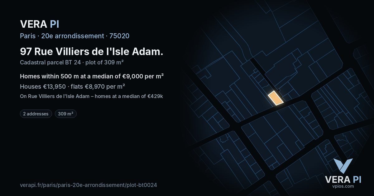 97 Rue Villiers de l'Isle Adam, 20e arrondissement at night – the plot lit, the parcels around coloured by the prices near them