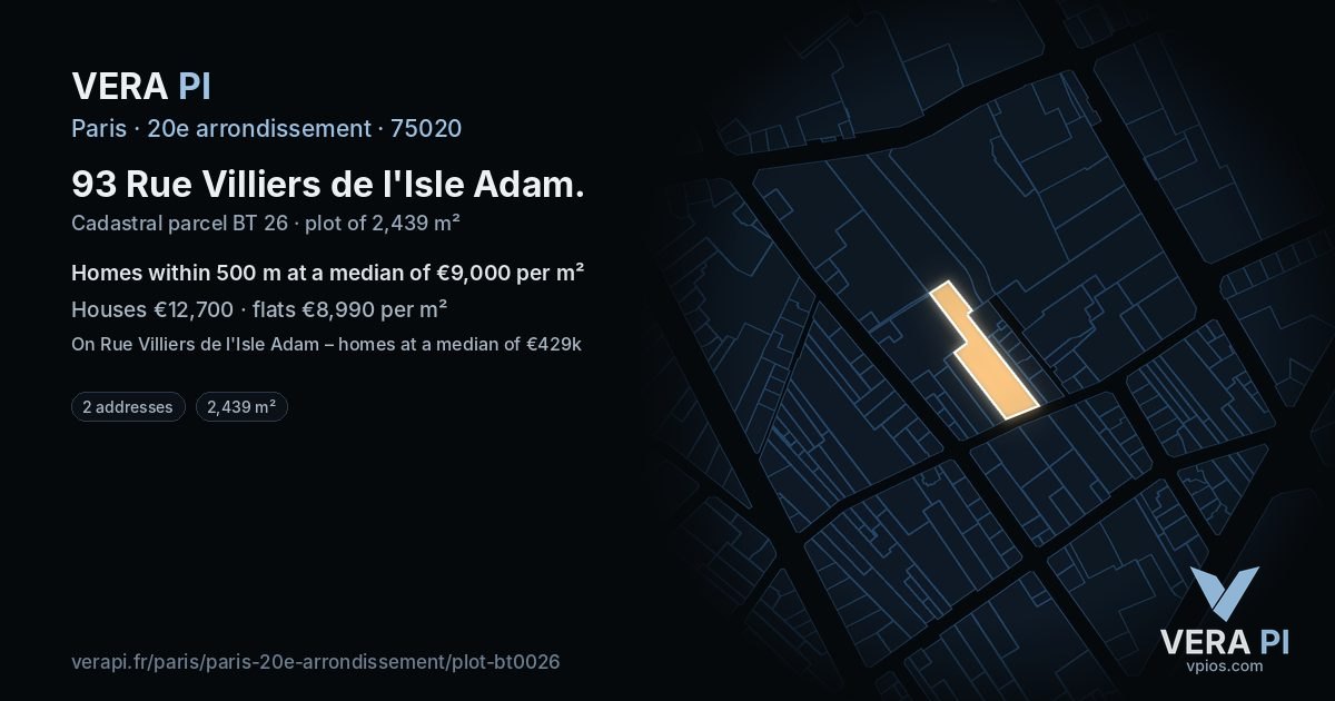 93 Rue Villiers de l'Isle Adam, 20e arrondissement at night – the plot lit, the parcels around coloured by the prices near them
