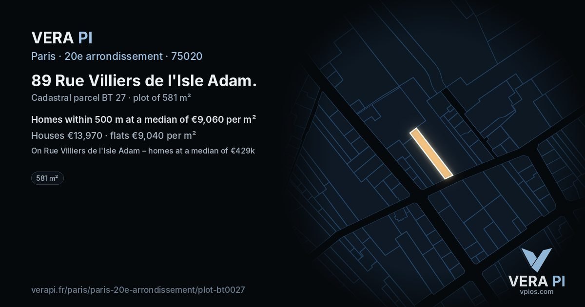 89 Rue Villiers de l'Isle Adam, 20e arrondissement at night – the plot lit, the parcels around coloured by the prices near them