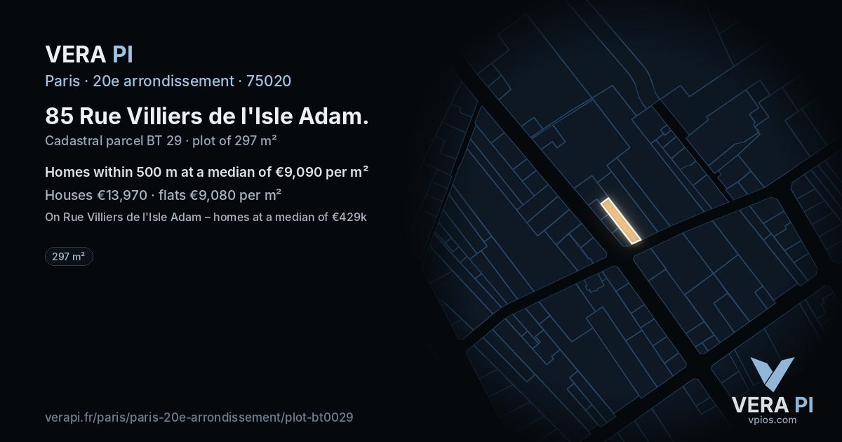 85 Rue Villiers de l'Isle Adam, 20e arrondissement at night – the plot lit, the parcels around coloured by the prices near them