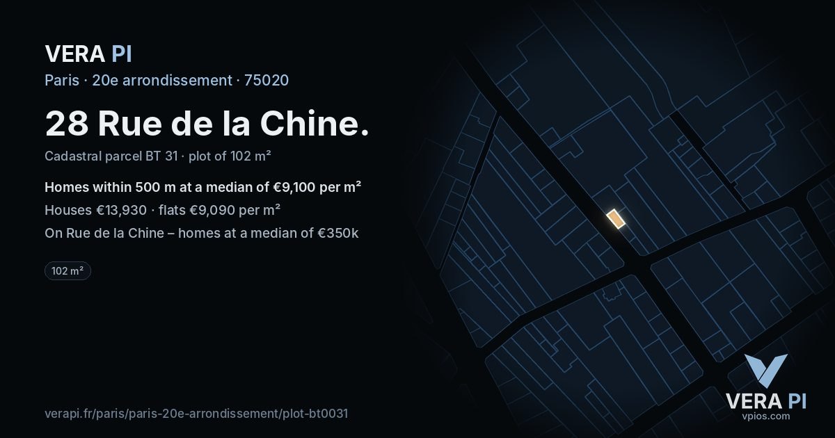 28 Rue de la Chine, 20e arrondissement at night – the plot lit, the parcels around coloured by the prices near them