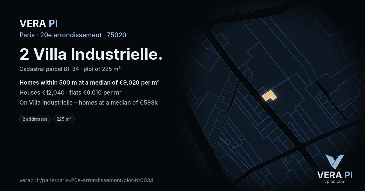 2 Villa Industrielle, 20e arrondissement at night – the plot lit, the parcels around coloured by the prices near them